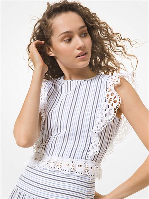 Striped Cotton Gauze and Eyelet Cropped Top 